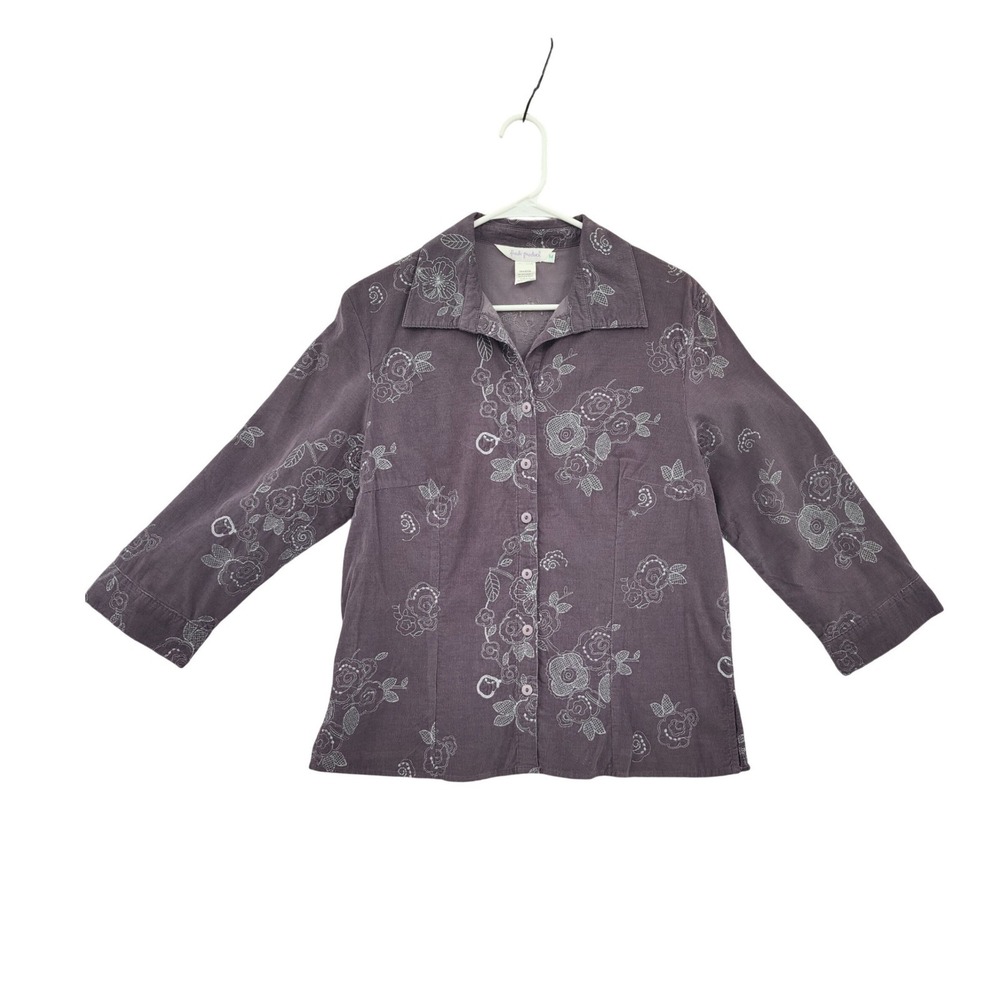 Fresh Produce Womens Cottage Corduroy Floral Embroidered Shacket Shirt M Purple